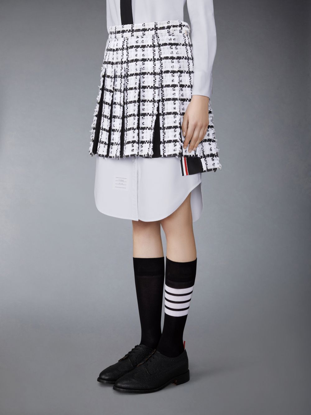 Women Thom Browne Windowpane Check Chiffon Tweed Fray Mini Pleated Skirts White | ACB31W77357