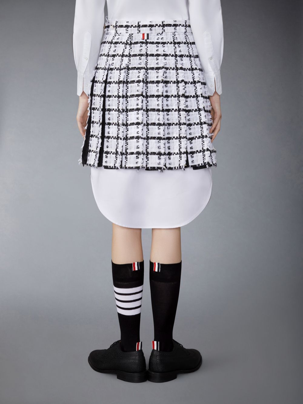 Women Thom Browne Windowpane Check Chiffon Tweed Fray Mini Pleated Skirts White | ACB31W77357