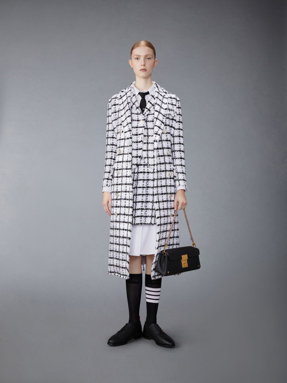 Women Thom Browne Windowpane Check Chiffon Tweed Fray Mini Pleated Skirts White | ACB31W77357