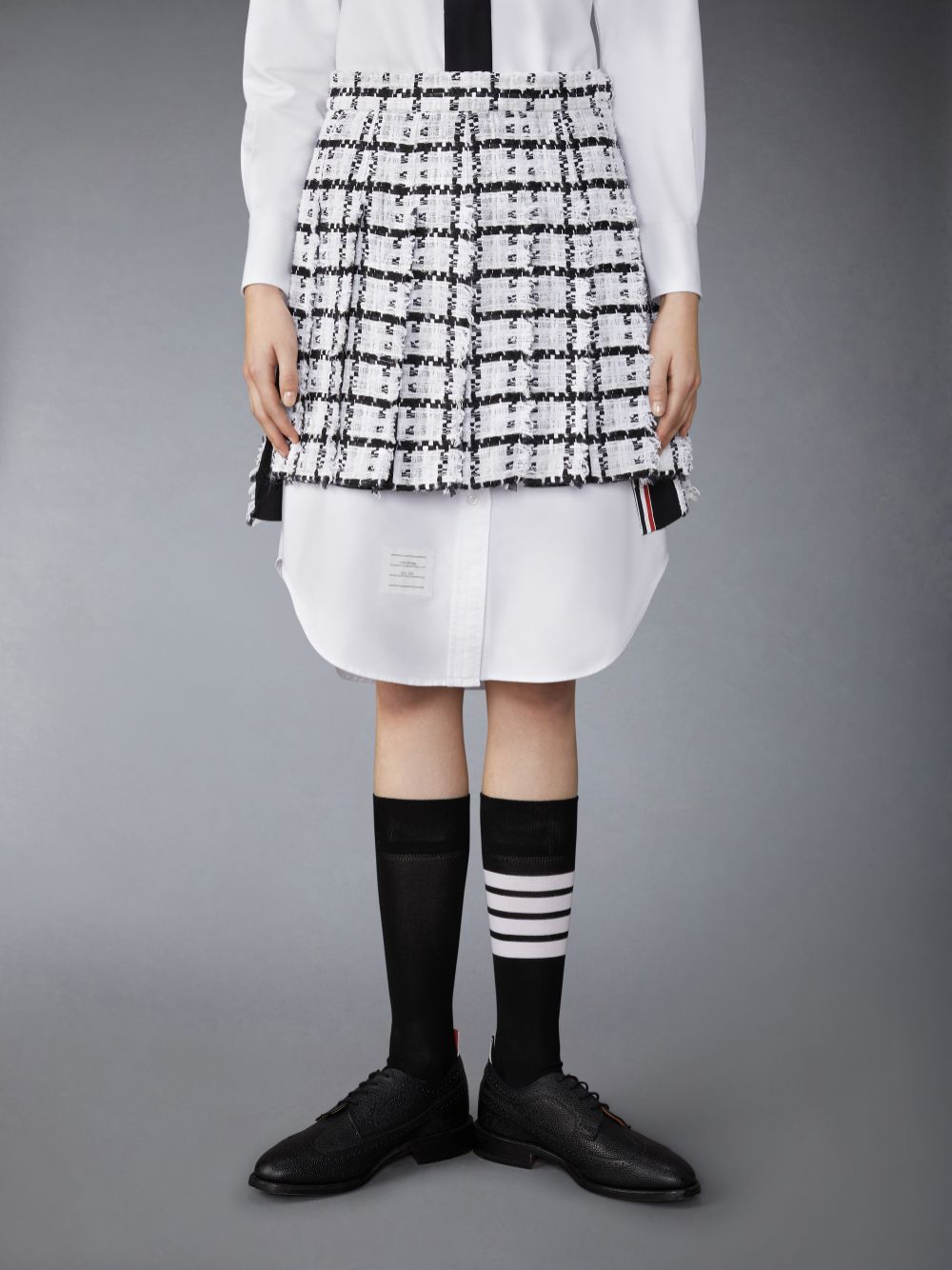 Women Thom Browne Windowpane Check Chiffon Tweed Fray Mini Pleated Skirts White | ACB31W77357