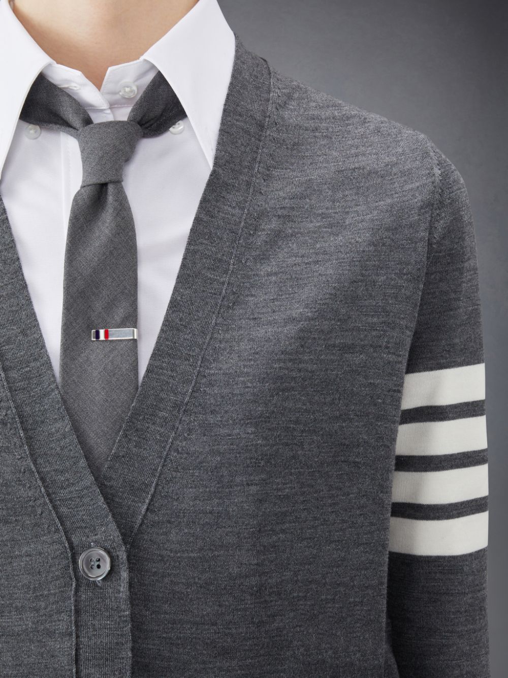Women Thom Browne Wool 4-Bar Relaxed V-Neck Cardigan Grey | LIR15X63889