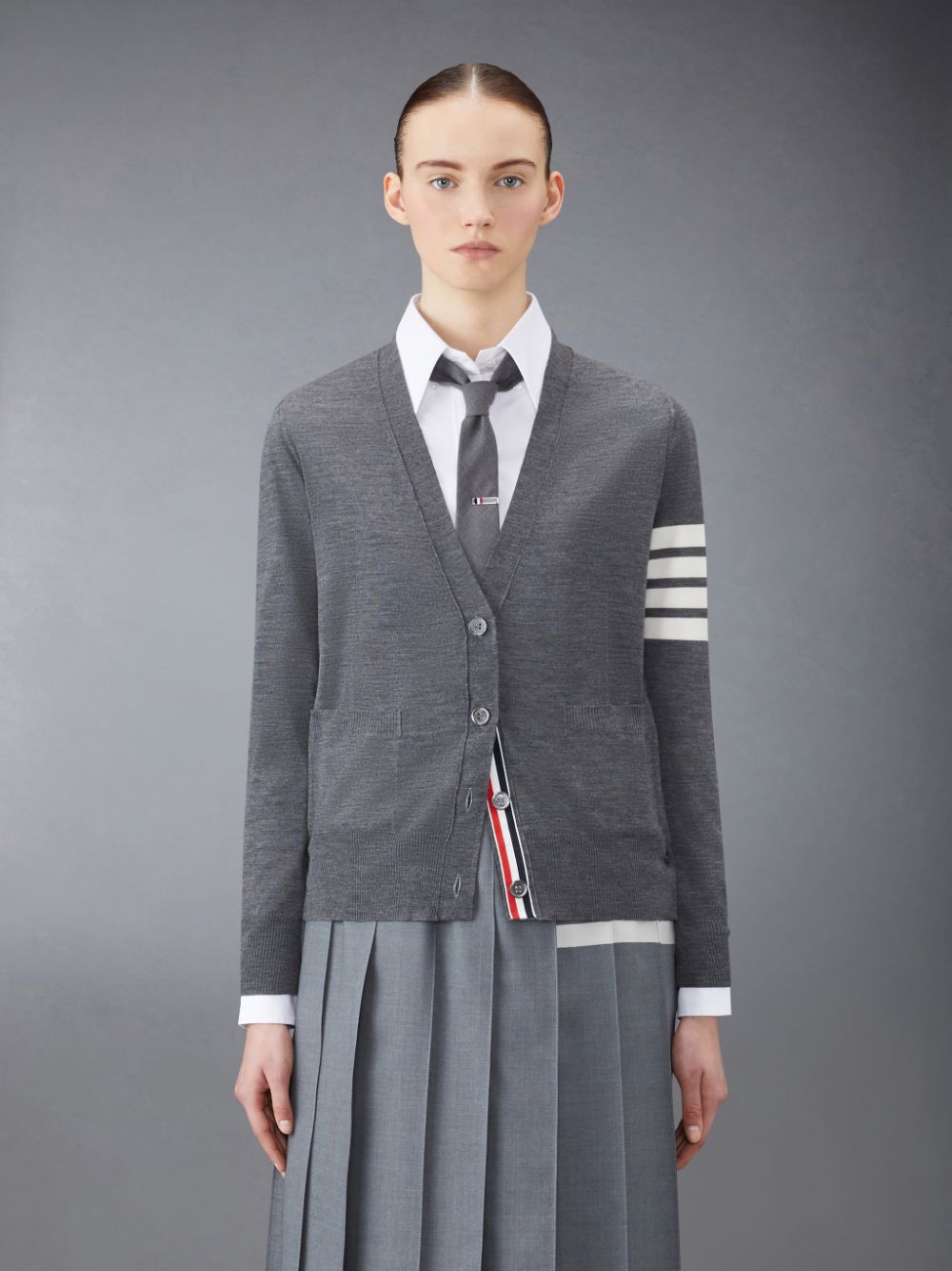 Women Thom Browne Wool 4-Bar Relaxed V-Neck Cardigan Grey | LIR15X63889